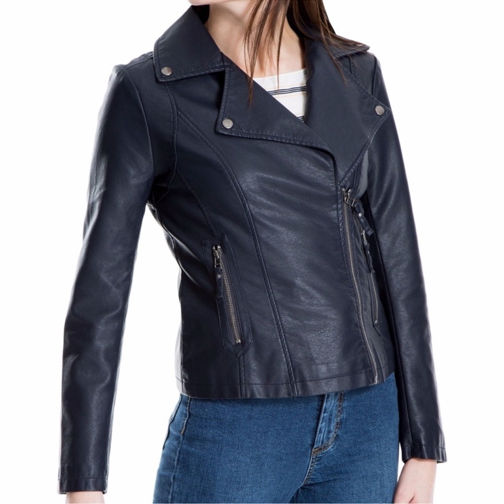 Max Studios Women’s Navy Blue Faux Leatherette Moto Jacket size L (like M fit) - Picture 1 of 14